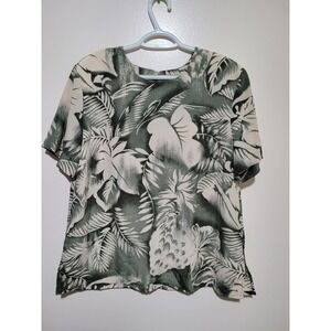 Vintage K.C. Studio Tropical Pineapple Blouse Women Large Green Cream Short Slv